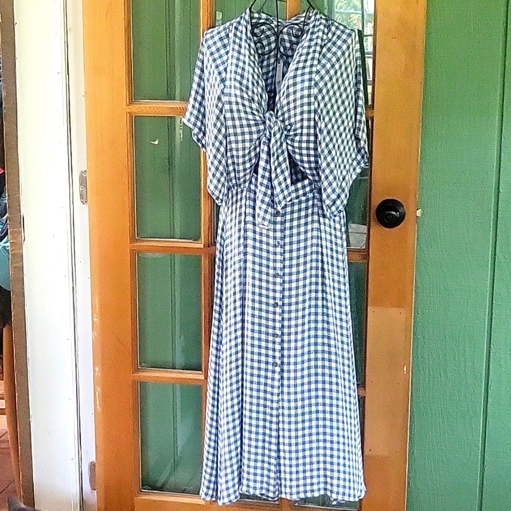 Lightweight blue gingham tie front dress from Olivaceous, size Small